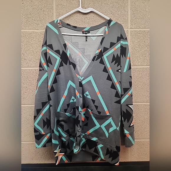 WOMEN Nollie Aztec button down lightweight cardigan sweater pockets medium gray - Picture 1 of 7